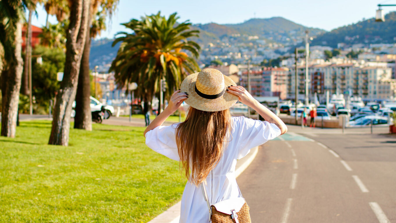 Young woman posing nice beautiful France Riviera city