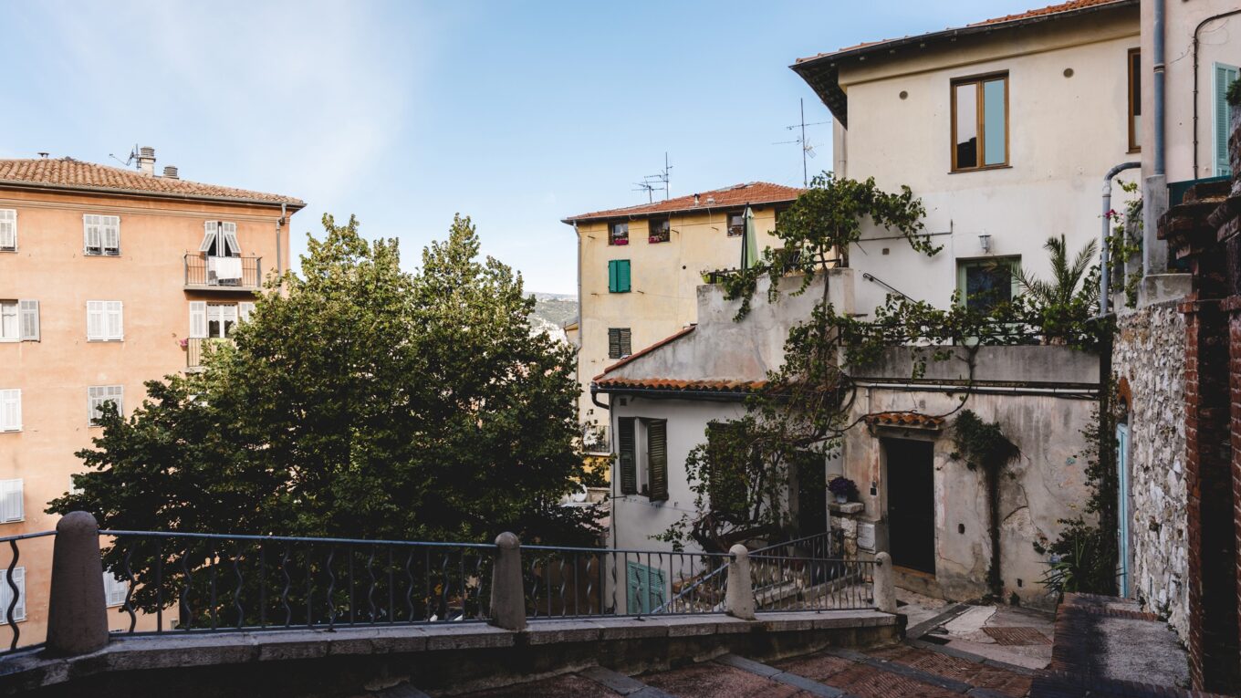 view of beautiful old building at european town on suny day, Nice, France